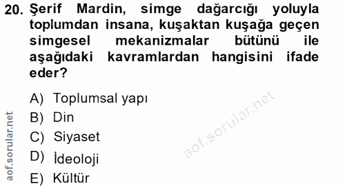 20. soru: Şerif Mardin, simge dağarcığı yoluyla toplumdan insana, kuşaktan kuşağa geçen simgesel mekanizmalar bütünü ile aşağıd…