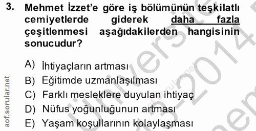 3. soru: Mehmet İzzet'e göre iş bölümünün teşkilatlı cemiyetlerde giderek daha fazla çeşitlenmesi aşağıdakilerden hangisinin s…
