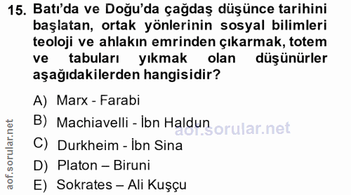 15. soru: Batır'da ve Doğu'da çağdaş düşünce tarihini başlatan, ortak yönlerinin sosyal bilimleri teoloji ve ahlakın emrinden ç…