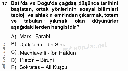 17. soru: Batı'da ve Doğu'da çağdaş düşünce tarihini başlatan, ortak yönlerinin sosyal bilimleri teoloji ve ahlakın emrinden çı…