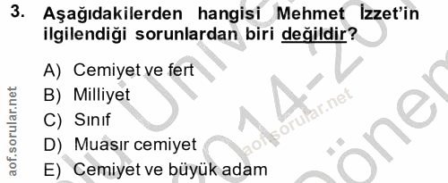 3. soru: Aşağıdakilerden hangisi Mehmet İzzet'in ilgilendiği sorunlardan biri değildir? A) Cemiyet ve fert B) Milliyet Par.net…