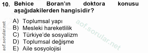 10. soru: Behice Boran'ın doktora konusu aşağıdakilerden hangisidir? A) Toplumsal yapı B) Mesleki hareketlilik C) Türkiye'de so…