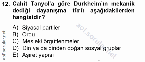12. soru: Cahit Tanyol'a göre Durkheim'ın mekanik dediği dayanışma türü aşağıdakilerden hangisidir? A) Siyasal partiler B) Ordu…