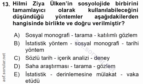 13. soru: Hilmi Ziya Ülken'in sosyolojide birbirini tamamlayıcı olarak kullanılabileceğini düşündüğü yöntemler aşağıdakilerden…