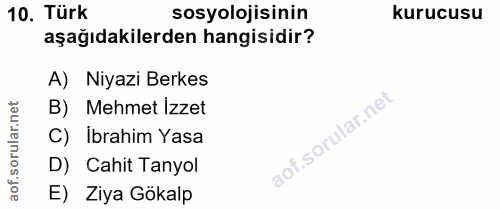 10. soru: Türk sosyolojisinin kurucusu aşağıdakilerden hangisidir? A) Niyazi Berkes lar.net B) Mehmet Izzet C) Ibrahim Yasa oru…