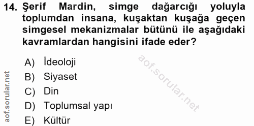14. soru: Şerif Mardin, simge dağarcığı yoluyla toplumdan insana, kuşaktan kuşağa geçen simgesel mekanizmalar bütünü ile aşağıd…