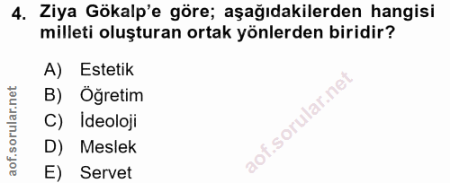 4. soru: Ziya Gökalp'e göre; aşağıdakilerden hangisi milleti oluşturan ortak yönlerden biridir? A) Estetik B) Öğretim C) Ideol…