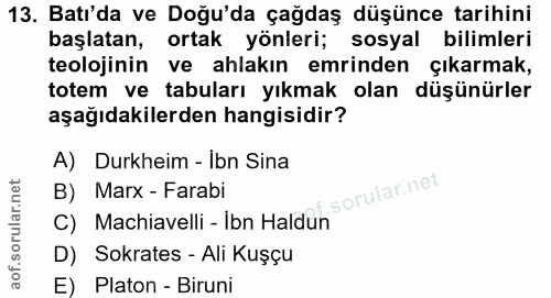 13. soru: Batı'da ve Doğu'da çağdaş düşünce tarihini başlatan, ortak yönleri; sosyal bilimleri teolojinin ve ahlakın emrinden ç…
