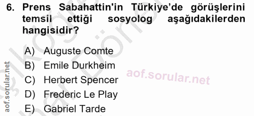 6. soru: Prens Sabahattin'in Türkiye'de görüşlerini temsil ettiği sosyolog aşağıdakilerden hangisidir? A) Auguste Comte B) Emi…