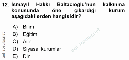 12. soru: İsmayıl Hakkı Baltacioğlu'nun kalkınma konusunda öne çıkardığı kurum aşağıdakilerden hangisidir? A) Bilim B) Eğitim C…