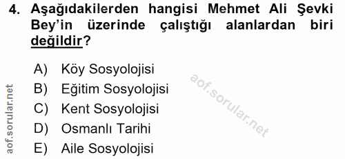 4. soru: Aşağıdakilerden hangisi Mehmet Ali Şevki Bey'in üzerinde çalıştığı alanlardan biri değildir? A) Köy Sosyolojisi B) Eğ…