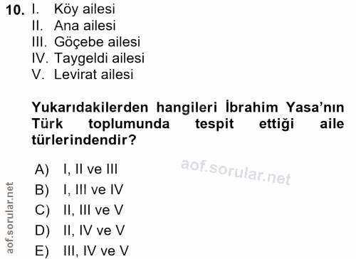 10. soru: 1. Köy ailesi II. Ana ailesi III. Göçebe ailesi IV. Taygeldi ailesi V. Levirat ailesi Yukarıdakilerden hangileri İbra…