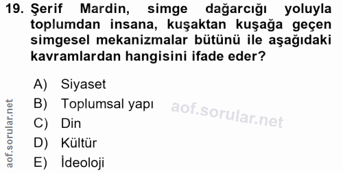 19. soru: Şerif Mardin, simge dağarcığı yoluyla toplumdan insana, kuşaktan kuşağa geçen simgesel mekanizmalar bütünü ile aşağıd…