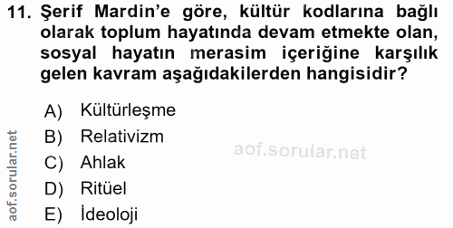 11. soru: Şerif Mardin'e göre, kültür kodlarına bağlı olarak toplum hayatında devam etmekte olan, sosyal hayatın merasim içeriğ…
