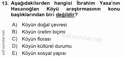 13. soru: Aşağıdakilerden hangisi ibrahim Yasa'nın Hasanoğlan Köyü araştirmasının konu başlıklarından biri değildir? A) Köyün d…