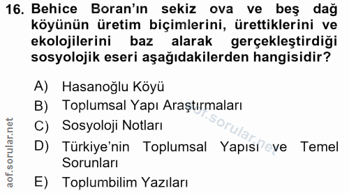 16. soru: Behice Boran'ın sekiz ova ve beş dağ köyünün üretim biçimlerini, ürettiklerini ve ekolojilerini baz alarak gerçekleşt…