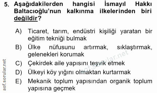 5. soru: Aşağıdakilerden hangisi İsmayıl Hakkı Baltacıoğlu'nun kalkınma ilkelerinden biri değildir? A) Ticaret, tarım, endüstr…