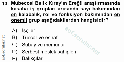 13. soru: Mübeccel Belik Kıray'ın Ereğli araştırmasında kasaba iş grupları arasında sayı bakımından en kalabalık, rol ve fonksi…