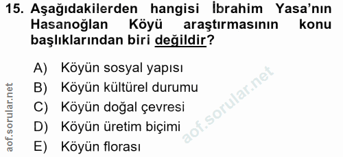 15. soru: Aşağıdakilerden hangisi ibrahim Yasa'nın Hasanoğlan Köyü araştırmasının konu başlıklarından biri değildir? A) Köyün s…