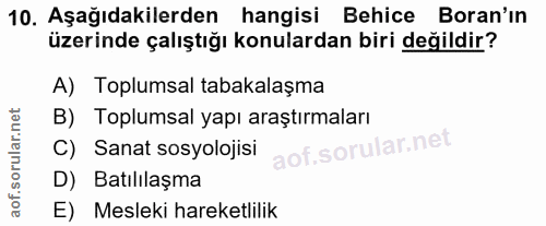 10. soru: Aşağıdakilerden hangisi Behice Boran'ın üzerinde çalıştığı konulardan biri değildir? A) Toplumsal tabakalaşma B) Topl…