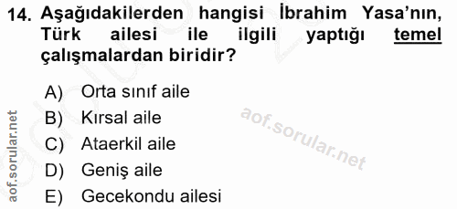 14. soru: Aşağıdakilerden hangisi Ibrahim Yasa'nın, Türk ailesi ile ilgili yaptığı temel çalışmalardan biridir? A) Orta sinif a…