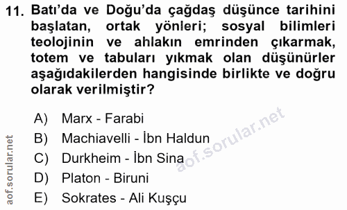 11. soru: Batı'da ve Doğu'da çağdaş düşünce tarihini başlatan, ortak yönleri; sosyal bilimleri teolojinin ve ahlakın emrinden ç…