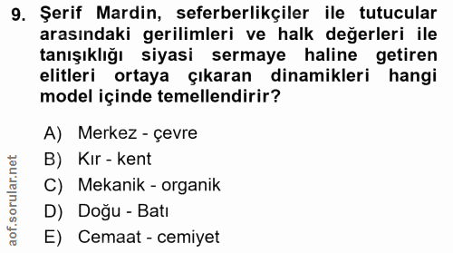 9. soru: Şerif Mardin, seferberlikçiler ile tutucular arasındaki gerilimleri ve halk değerleri ile tanışıklığı siyasi sermaye…