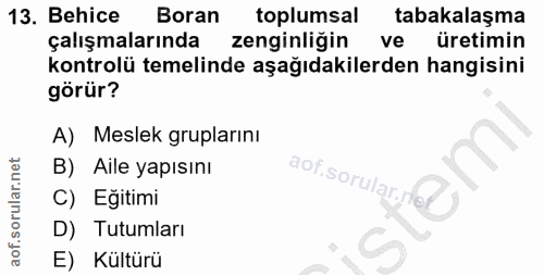 13. soru: Behice Boran toplumsal tabakalaşma çalışmalarında zenginliğin ve üretimin kontrolü temelinde aşağıdakilerden hangisin…