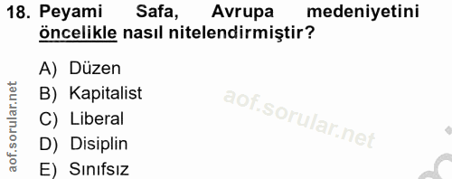 18. soru: Peyami Safa, Avrupa medeniyetini öncelikle nasıl nitelendirmiştir? A) Düzen B) Kapitalist C) Liberal D) Disiplin E) S…