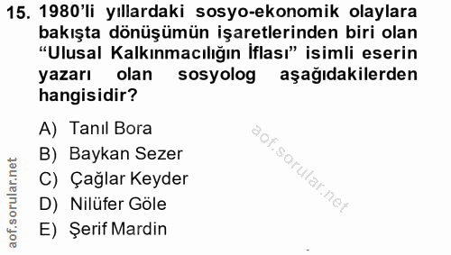 15. soru: 1980'li yıllardaki sosyo-ekonomik olaylara bakışta dönüşümün işaretlerinden biri olan "Ulusal Kalkınmacılığın İflası"…
