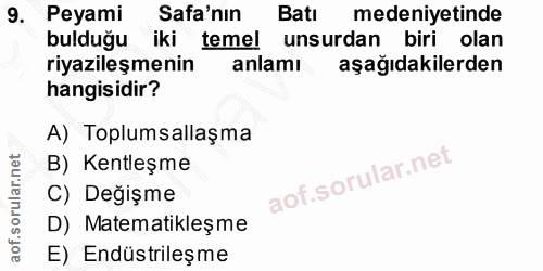 9. soru: Peyami Safa'nın Batı medeniyetinde bulduğu iki teme! unsurdan biri olan riyazileşmenin anlamı aşağıdakilerden hangisi…
