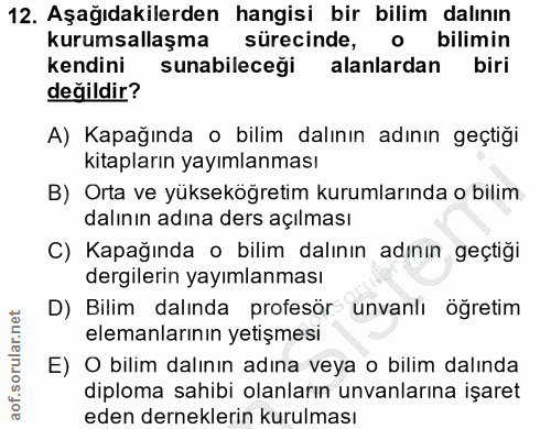 12. soru: Aşağıdakilerden hangisi bir bilim dalının kurumsallaşma sürecinde, o bilimin kendini sunabileceği alanlardan biri değ…