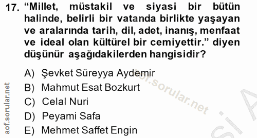 17. soru: "Millet, müstakil ve siyasi bir bütün halinde, belirli bir vatanda birlikte yaşayan ve aralarında tarih, dil, adet, i…