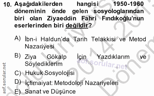 10. soru: Aşağıdakilerden hangisi 1950-1960 döneminin önde gelen sosyologlarından biri olan Ziyaeddin Fahri Fındıkoğlu'nun eser…