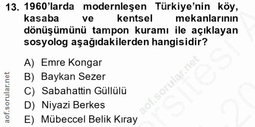 13. soru: 1960'larda modernleşen Türkiye'nin köy, kasaba ve kentsel mekanlarının dönüşümünü tampon kuramı ile açıklayan sosyolo…