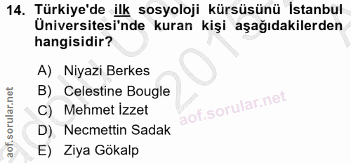 14. soru: Türkiye'de ilk sosyoloji kürsüsünü İstanbul Üniversitesi'nde kuran kişi aşağıdakilerden hangisidir? A) Niyazi Berkes…