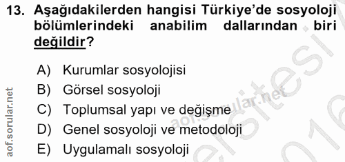 13. soru: Aşağıdakilerden hangisi Türkiye'de sosyoloji bölümlerindeki anabilim dallarından „ biri değildir? A) Kurumlar sosyolo…