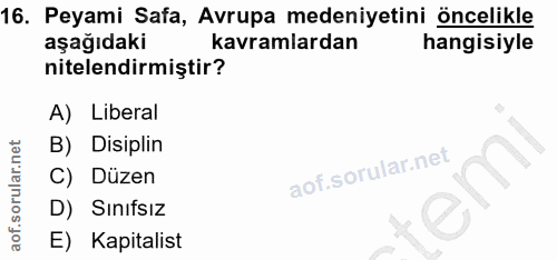 16. soru: Peyami Safa, Avrupa medeniyetini öncelikle aşağıdaki kavramlardan hangisiyle nitelendirmiştir? A) Liberal B) Disiplin…