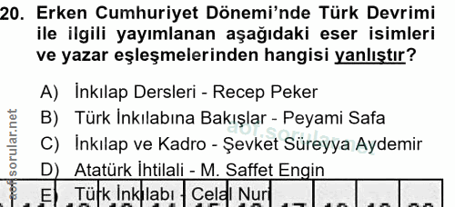 20. soru: Erken Cumhuriyet Dönemi'nde Türk Devrimi ile ilgili yayımlanan aşağıdaki eser isimleri ve yazar eşleşmelerinden hangi…