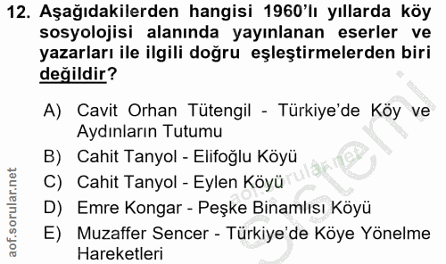 12. soru: Aşağıdakilerden hangisi 1960'lı yıllarda köy sosyolojisi alanında yayınlanan eserler ve yazarları ile ilgili doğru eş…
