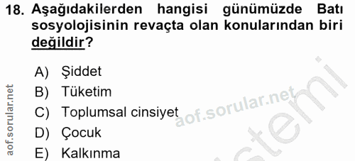 18. soru: Aşağıdakilerden hangisi günümüzde Batı sosyolojisinin revaçta olan konularından biri değildir? A) Şiddet B) Tüketim o…