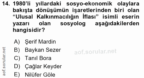 14. soru: 1980'li yıllardaki sosyo-ekonomik olaylara bakışta dönüşümün işaretlerinden biri olan "Ulusal Kalkınmacılığın İflası"…