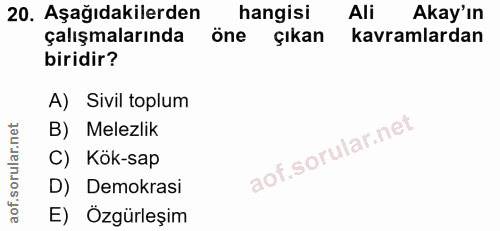20. soru: Aşağıdakilerden hangisi Ali Akay'ın çalışmalarında öne çıkan kavramlardan biridir? A) Sivil toplum B) Melezlik C) Kök…