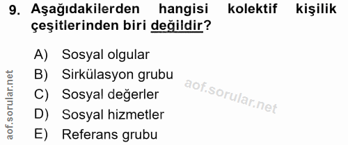 9. soru: Aşağıdakilerden hangisi kolektif kişilik çeşitlerinden biri değildir? A) Sosyal olgular B) Sirkülasyon grubu C) Sosya…