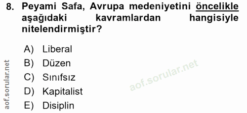 8. soru: Peyami Safa, Avrupa medeniyetini öncelikle aşağıdaki kavramlardan hangisiyle nitelendirmiştir? A) Liberal B) Düzen C)…