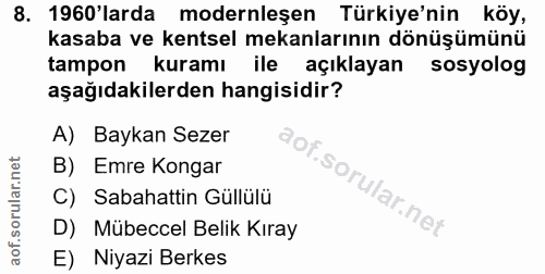 8. soru: 1960'larda modernleşen Türkiye'nin köy, kasaba ve kentsel mekanlarının dönüşümünü tampon kuramı ile açıklayan sosyolo…