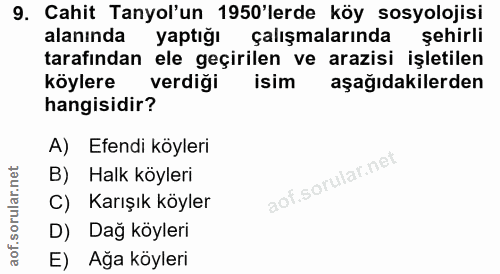 9. soru: Cahit Tanyol'un 1950'lerde köy sosyolojisi alanında yaptığı çalışmalarında şehirli tarafından ele geçirilen ve arazis…