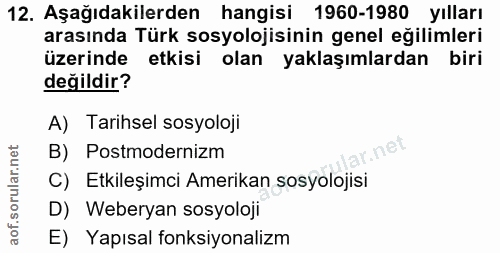 12. soru: Aşağıdakilerden hangisi 1960-1980 yılları arasında Türk sosyolojisinin genel eğilimleri üzerinde etkisi olan yaklaşım…