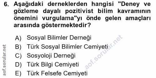 6. soru: Aşağıdaki derneklerden hangisi "Deney ve gözleme dayalı pozitivist bilim kavramının önemini vurgulama"yı önde gelen a…
