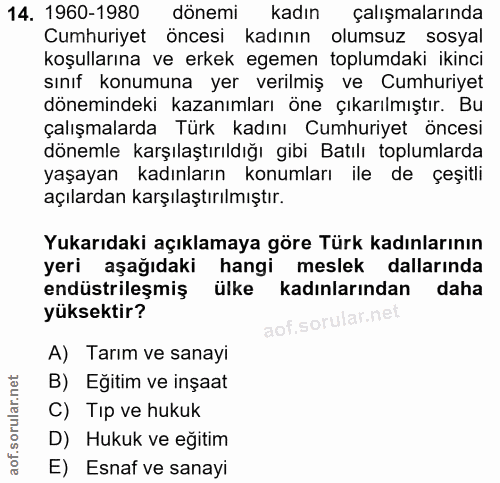 14. soru: 1960-1980 dönemi kadın çalışmalarında Cumhuriyet öncesi kadının olumsuz sosyal koşullarına ve erkek egemen toplumdaki…